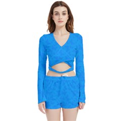 Cornflower Blue Butterfly Print Velvet Wrap Crop Top by SpinnyChairDesigns