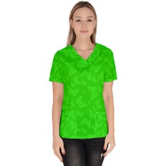 Chartreuse Green Butterfly Print Women s V-neck Scrub Top by SpinnyChairDesigns