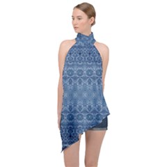 Boho Denim Blue Halter Asymmetric Satin Top by SpinnyChairDesigns