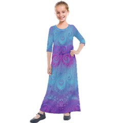 Purple Blue Swirls And Spirals Kids  Quarter Sleeve Maxi Dress by SpinnyChairDesigns
