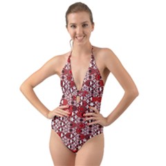 Red Black Checkered Halter Cut-out One Piece Swimsuit by SpinnyChairDesigns