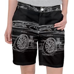 6-white-line-black-background-classic-car-original-handmade-drawing-pablo-franchi Pocket Shorts by blackdaisy
