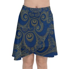 Navy Blue And Gold Swirls Chiffon Wrap Front Skirt by SpinnyChairDesigns