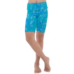 Aqua Blue Floral Print Kids  Lightweight Velour Cropped Yoga Leggings by SpinnyChairDesigns
