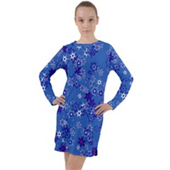 Cornflower Blue Floral Print Long Sleeve Hoodie Dress by SpinnyChairDesigns