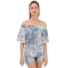 Faded Blue White Floral Print Off Shoulder Short Sleeve Top by SpinnyChairDesigns