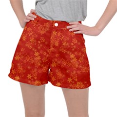 Orange Red Floral Print Ripstop Shorts by SpinnyChairDesigns