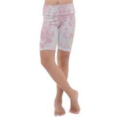 Baby Pink Floral Print Kids  Lightweight Velour Cropped Yoga Leggings by SpinnyChairDesigns