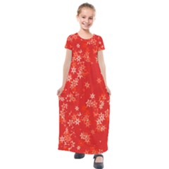 Red And White Flowers Kids  Short Sleeve Maxi Dress by SpinnyChairDesigns