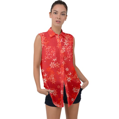 Red And White Flowers Sleeveless Chiffon Button Shirt by SpinnyChairDesigns