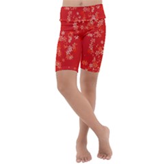 Red And White Flowers Kids  Lightweight Velour Cropped Yoga Leggings by SpinnyChairDesigns