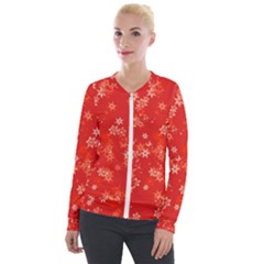 Red And White Flowers Velour Zip Up Jacket by SpinnyChairDesigns