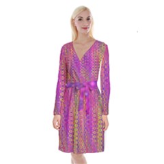 Boho Fuchsia Floral Print  Long Sleeve Velvet Front Wrap Dress by SpinnyChairDesigns