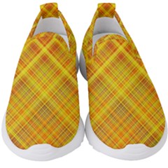 Orange Madras Plaid Kids  Slip On Sneakers by SpinnyChairDesigns