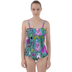 Blue Denim And Drawings Daisies Aqua Twist Front Tankini Set