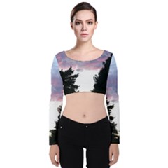 Colorful Overcast, Pink,violet,gray,black Velvet Long Sleeve Crop Top by MartinsMysteriousPhotographerShop