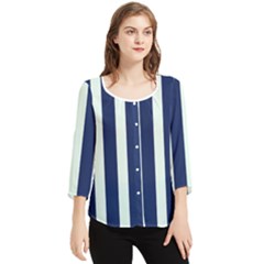 Navy In Vertical Stripes Chiffon Quarter Sleeve Blouse