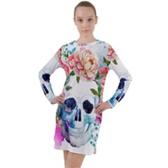 Skull And Flowers Long Sleeve Hoodie Dress by goljakoff