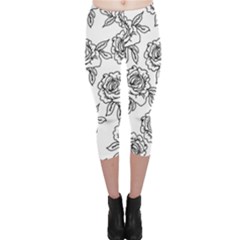 Line Art Black And White Rose Capri Leggings 