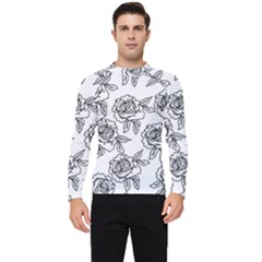 Line Art Black And White Rose Men s Long Sleeve Rash Guard by MintanArt