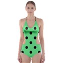 Large Black Polka Dots On Algae Green - Cut-Out One Piece Swimsuit View1