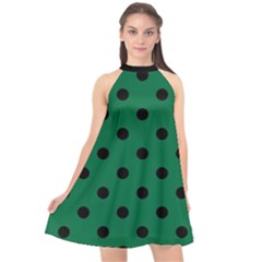 Large Black Polka Dots On Cadmium Green - Halter Neckline Chiffon Dress  by FashionLane
