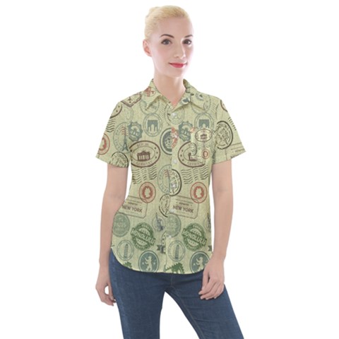 Beige Denim With Logos Women s Short Sleeve Pocket Shirt by ArtsyWishy