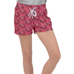 Baatik Red Pattern Velour Lounge Shorts by designsbymallika