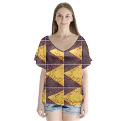 Yellow, Traffic, Cone, Arrow, Cracks, Asphalt  V-neck Flutter Sleeve Top by ScottFreeArt