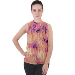 Yellow And Pink Abstract Mock Neck Chiffon Sleeveless Top by Dazzleway