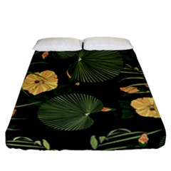 Tropical Vintage Yellow Hibiscus Floral Green Leaves Seamless Pattern Black Background  Fitted Sheet (california King Size) by Sobalvarro