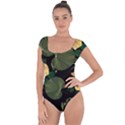 Tropical vintage yellow hibiscus floral green leaves seamless pattern black background. Short Sleeve Leotard  View1