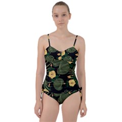 Tropical Vintage Yellow Hibiscus Floral Green Leaves Seamless Pattern Black Background  Sweetheart Tankini Set by Sobalvarro