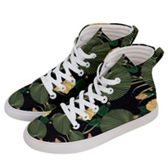 Tropical Vintage Yellow Hibiscus Floral Green Leaves Seamless Pattern Black Background  Women s Hi-top Skate Sneakers by Sobalvarro