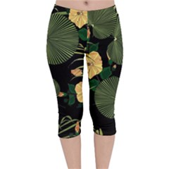 Tropical Vintage Yellow Hibiscus Floral Green Leaves Seamless Pattern Black Background  Velvet Capri Leggings  by Sobalvarro