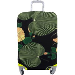 Tropical Vintage Yellow Hibiscus Floral Green Leaves Seamless Pattern Black Background  Luggage Cover (large) by Sobalvarro