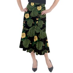 Tropical Vintage Yellow Hibiscus Floral Green Leaves Seamless Pattern Black Background  Midi Mermaid Skirt by Sobalvarro