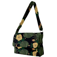 Tropical Vintage Yellow Hibiscus Floral Green Leaves Seamless Pattern Black Background  Full Print Messenger Bag (l) by Sobalvarro