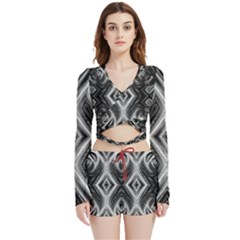 Black And White Velvet Wrap Crop Top And Shorts Set