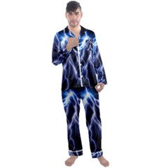 Blue Lightning At Night, Modern Graphic Art  Men s Long Sleeve Satin Pajamas Set