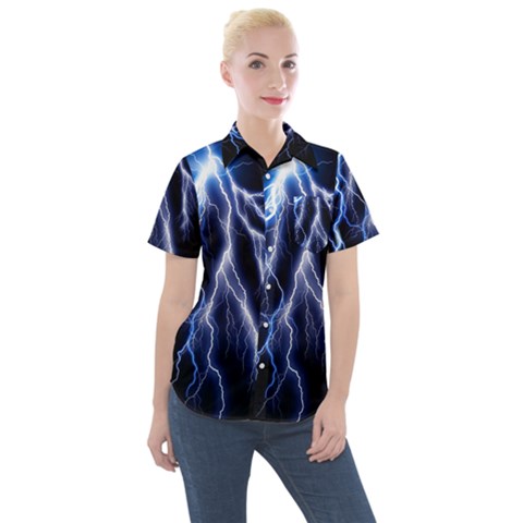 Blue Lightning At Night, Modern Graphic Art  Women s Short Sleeve Pocket Shirt by picsaspassion
