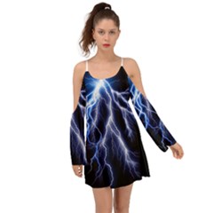 Blue Lightning At Night, Modern Graphic Art  Kimono Sleeves Boho Dress by picsaspassion