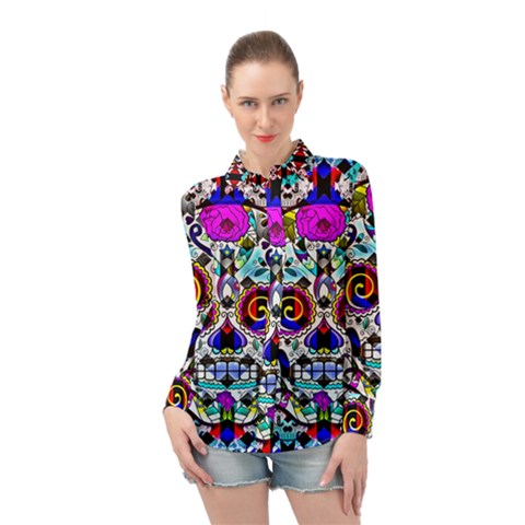 Sugar Skull Pattern 2 Long Sleeve Chiffon Shirt by ExtraAwesomeSauce