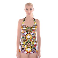Sugar Skulls Boyleg Halter Swimsuit  by ExtraAwesomeSauce