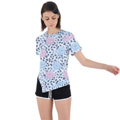 Cute Light Pink And Blue Modern Rose Pattern Asymmetrical Short Sleeve Sports Tee by Grafftimi