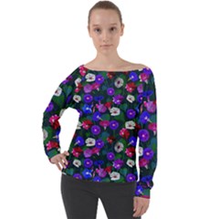 Watercolor Flowers  Bindweed  Liana Off Shoulder Long Sleeve Velour Top by SychEva