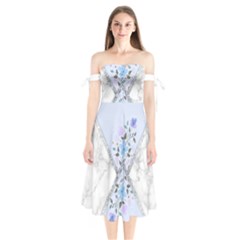 Minimal Silver Blue Marble Bouquet A Shoulder Tie Bardot Midi Dress by gloriasanchez