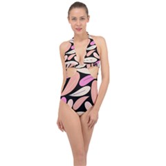 Pattern Feuilles Rose Peche Jaune Halter Front Plunge Swimsuit