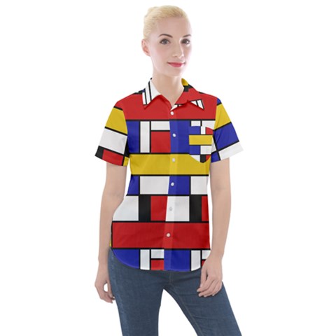 Stripes And Colors Textile Pattern Retro Women s Short Sleeve Pocket Shirt by DinzDas
