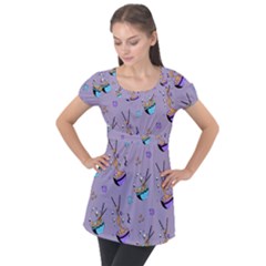 Japanese Ramen Sushi Noodles Rice Bowl Food Pattern Puff Sleeve Tunic Top by DinzDas